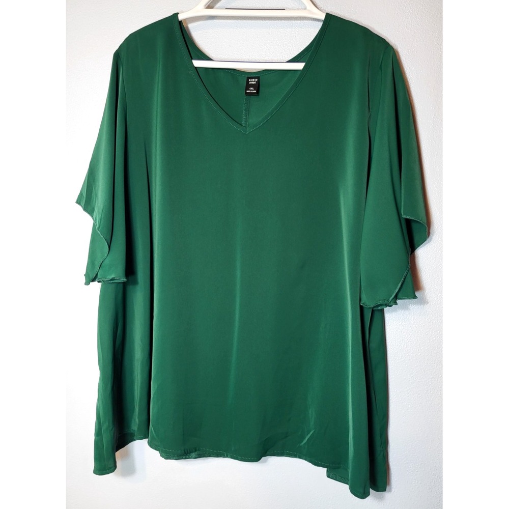 Shein Curve V-neck Black & Green Tops‎ Flutter Sleeve Flare Hem Size 4XL Career - Picture 2 of 9